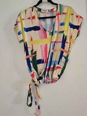 ESSENTIEL Antwarp Multicolor Brushstroke Tie-Waist V-Neck Top - Pink/Yellow/Blue